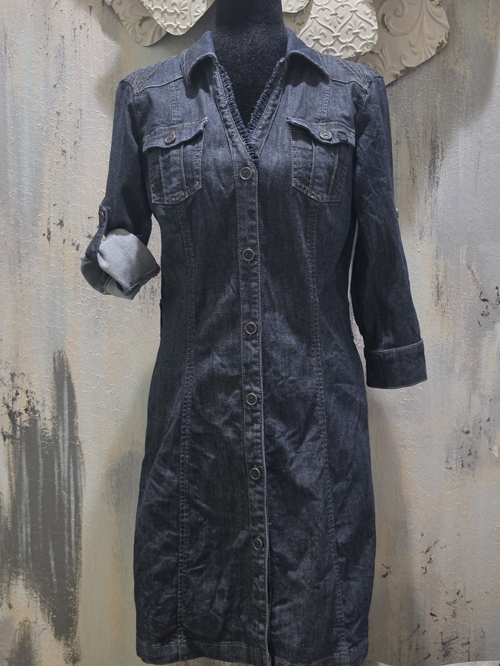 DKNY Dark Blue Denim Midi Button Down Dress With Adjustable Sleeves, Size Small